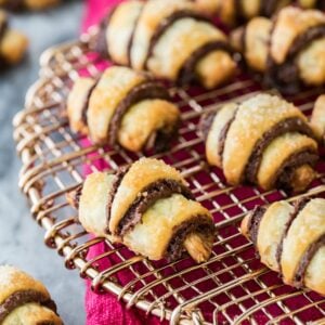 chocolate rugelach arranged on cooling rack