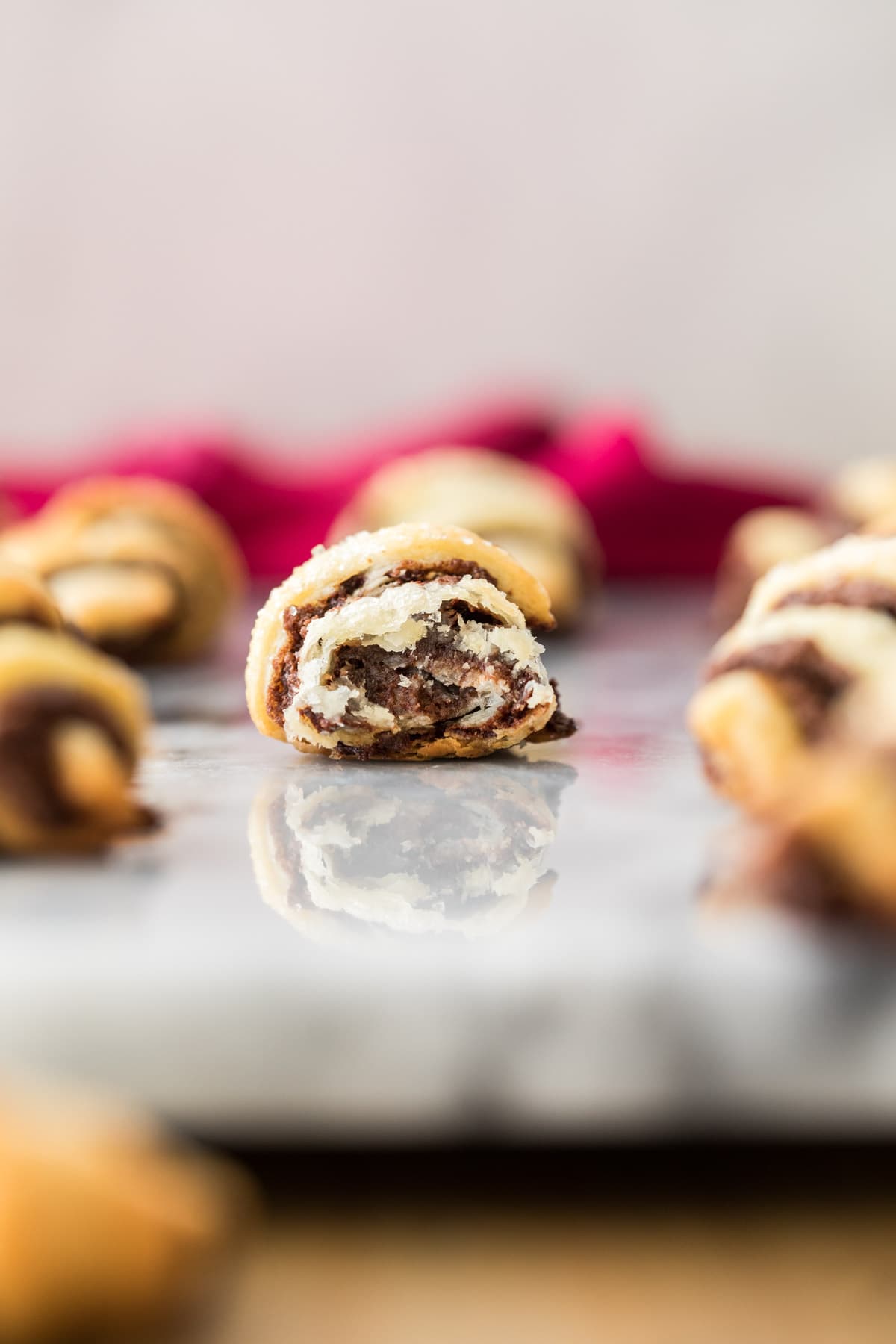 flaky chocolatey interior of rugelach