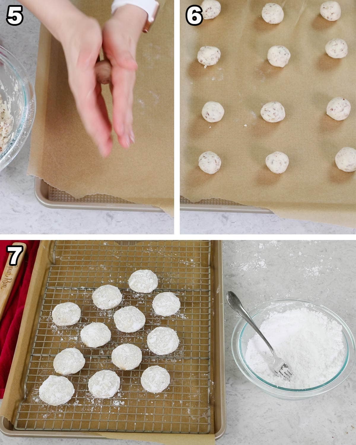 collage of making russian tea cakes: 5) rolling dough into balls 6)spacing balls on cookie sheet 7) rolling in sugar after baking
