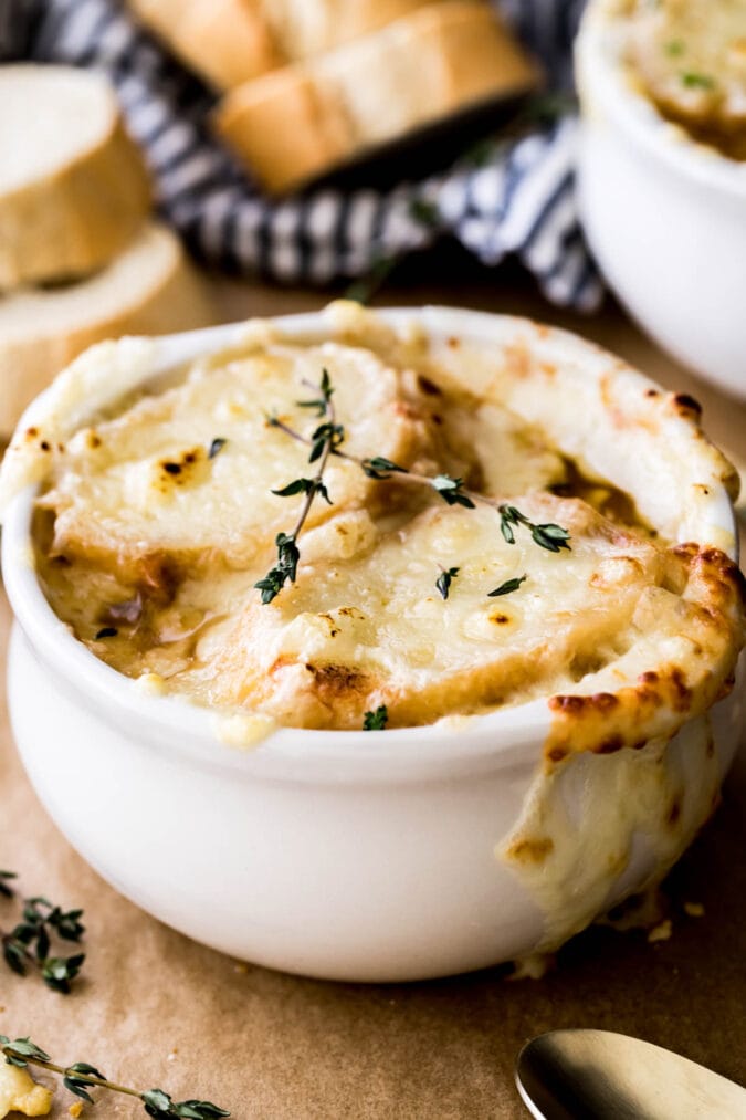 french onion soup in white bowl