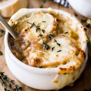 french onion soup in white bowl