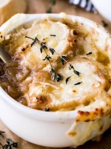 french onion soup in white bowl
