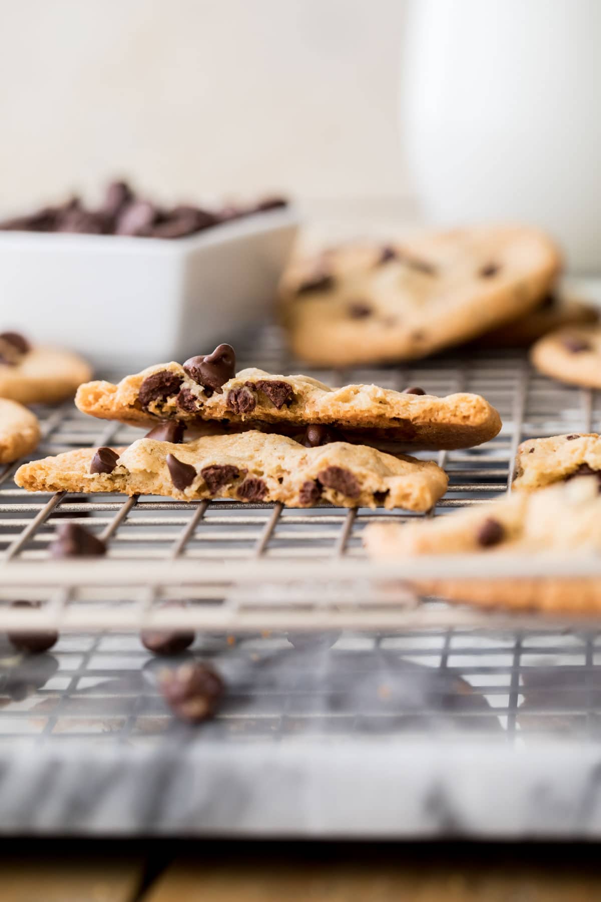 crispy chocolate chip cookie broken in half