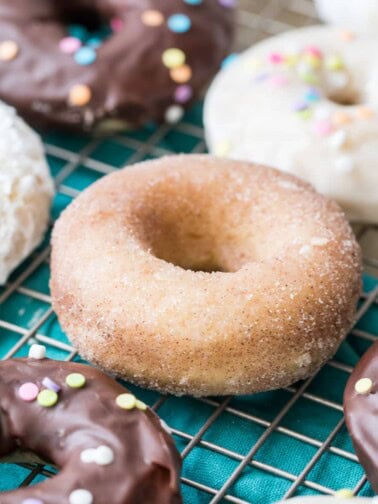 baked donuts with different toppings (chocolate frosting, cinnamon sugar, white frosting)