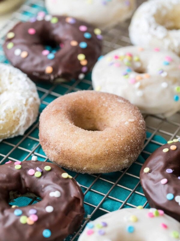 baked donuts with different toppings (chocolate frosting, cinnamon sugar, white frosting)