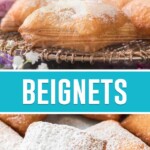 collage of beignets, top image is close up of beignet being dusted with powdered sugar, bottom close up of two beignets fully dusted