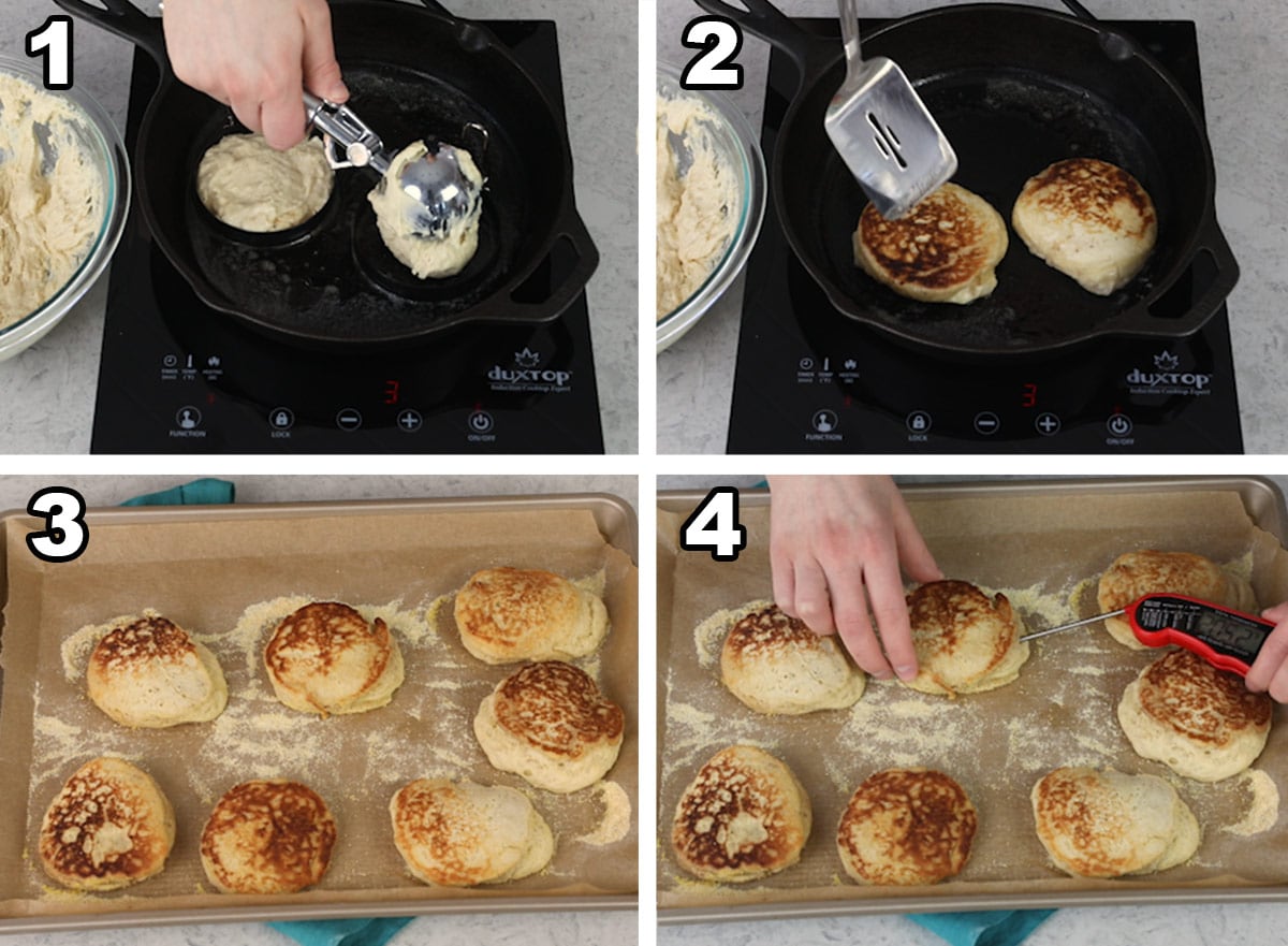 English muffins being cooked in a pan and English muffins on a tray