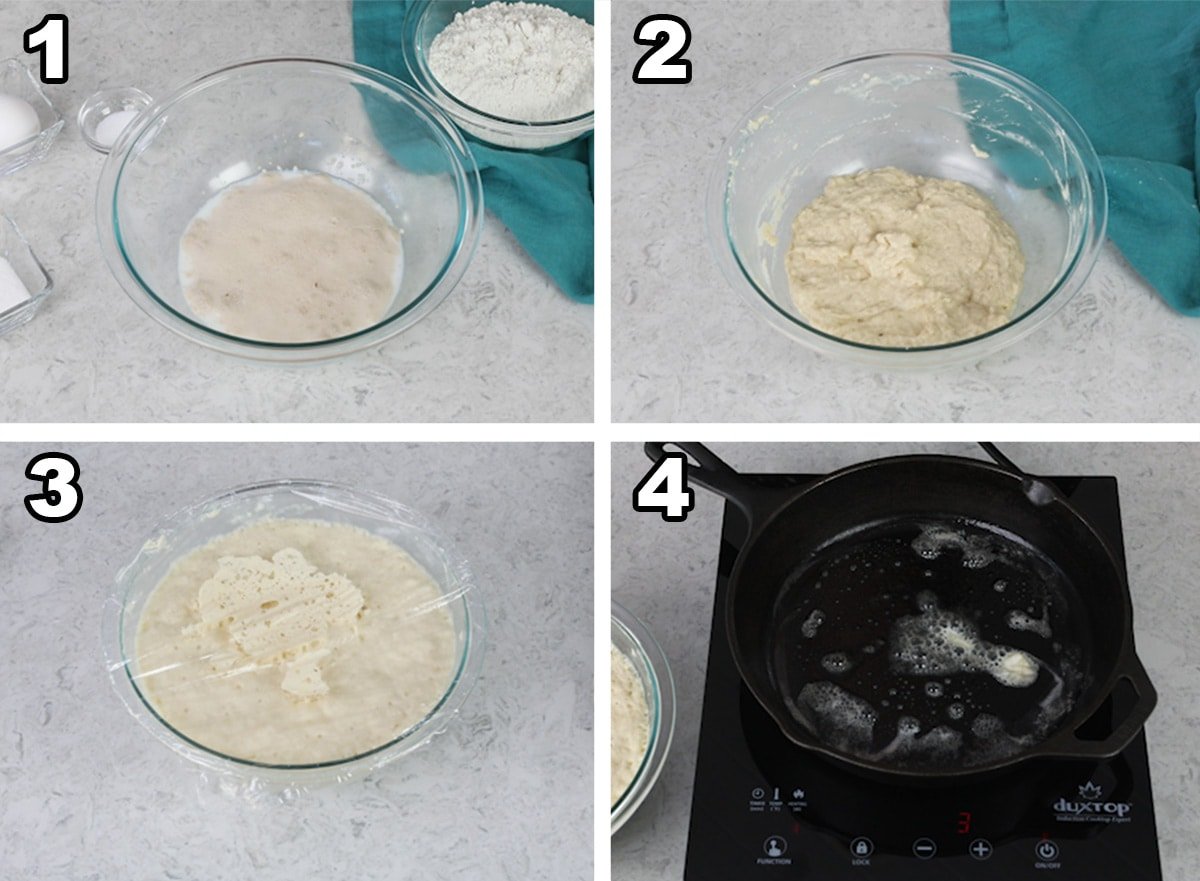 English Muffin Batter in glass bowl uncovered and covered and a pan