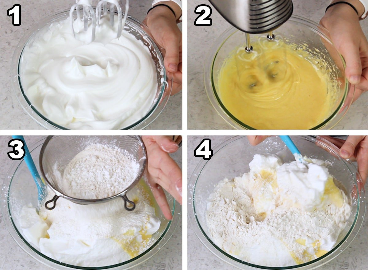 Collage showing how to make ladyfinger batter: 1) stiff peaks, 2) lightened egg yolks, 3) sifting flour/cornstarch over ingredients, 4) folding all together