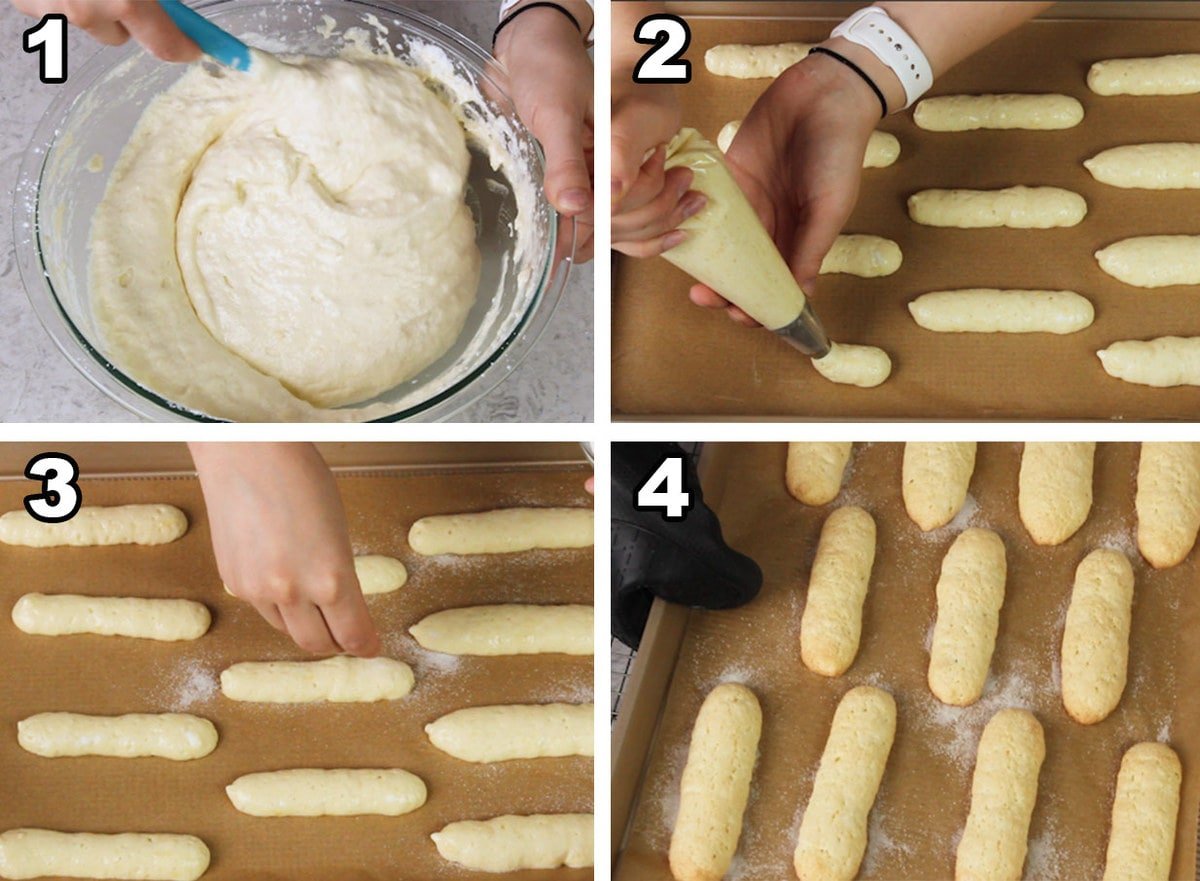 Collage showing how to pipe and bake ladyfinger batter: 1 uniform batter, 2) piping batter into strips, 3) sprinkling with sugar, 4) golden brown edges after baking