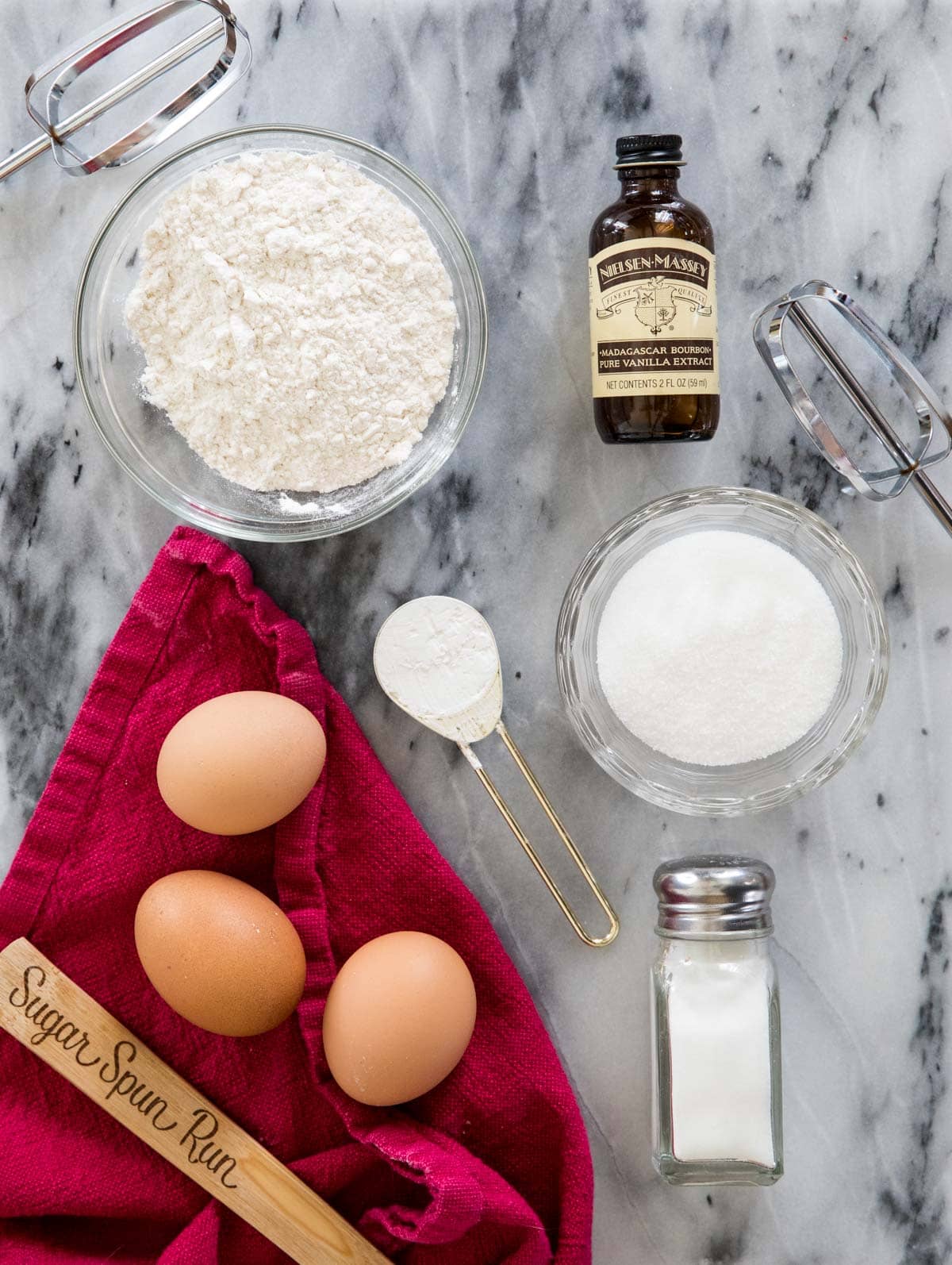 Ingredients for ladyfingers: flour, vanilla, cornstarch, granulated sugar, eggs, salt