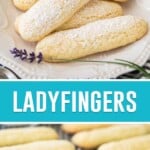 collage of ladyfingers, top image of multiple cookies on white plate dusted with sugar, bottom image of cookies cooling on rack,