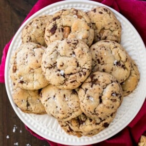 Bacon cookies on white plate, overhead view