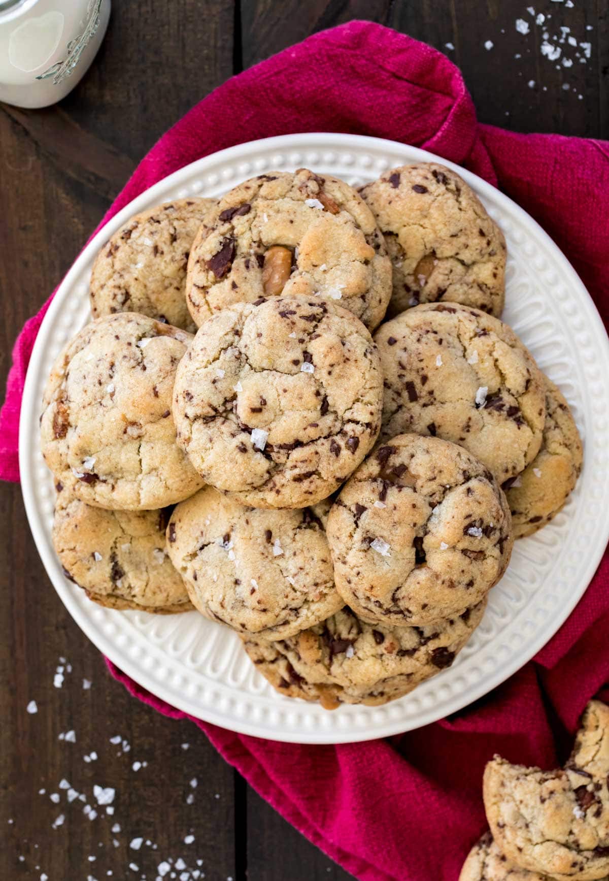 Bacon cookies on white plate, overhead view