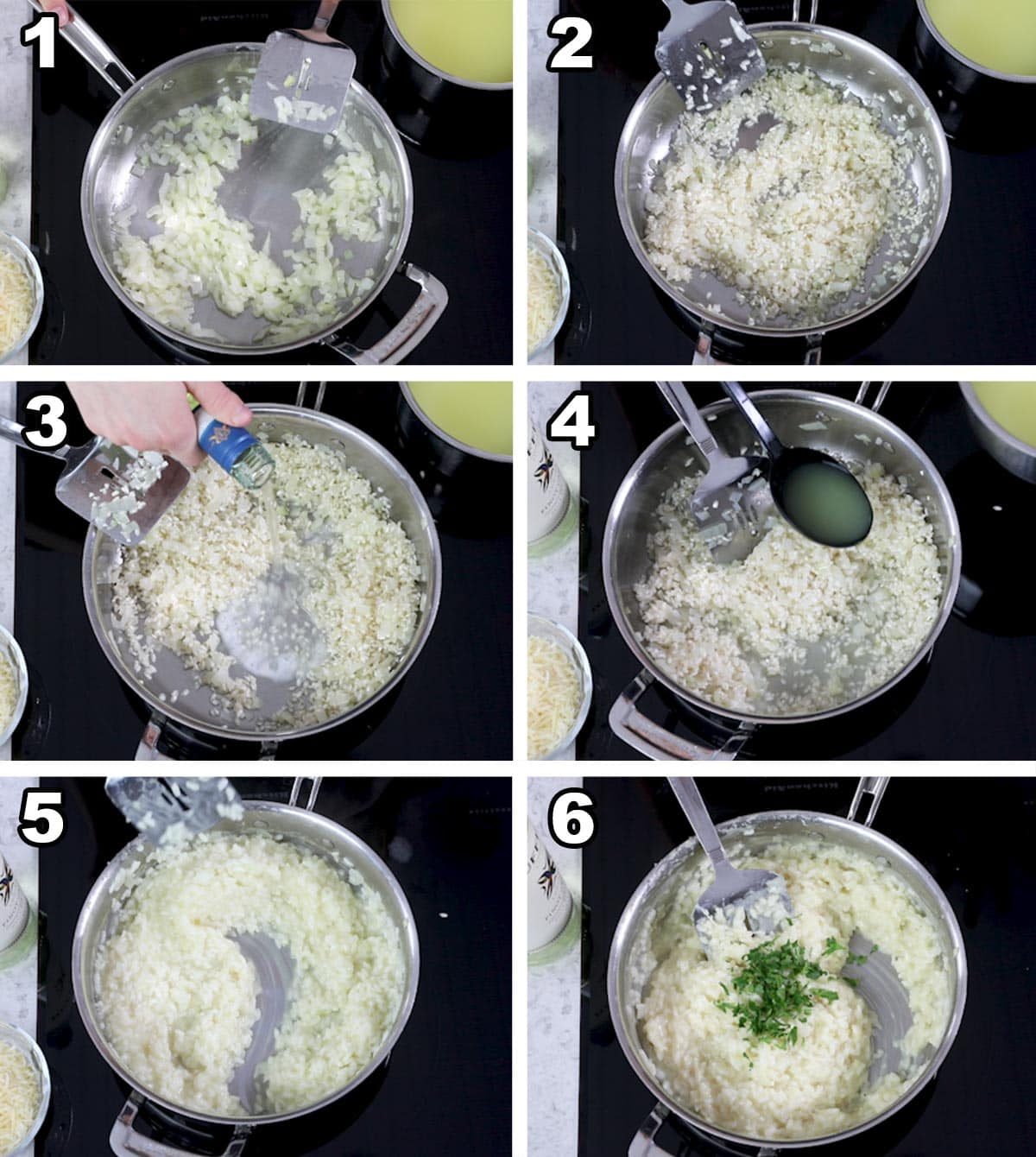 6 steps, cooking risotto in a pan