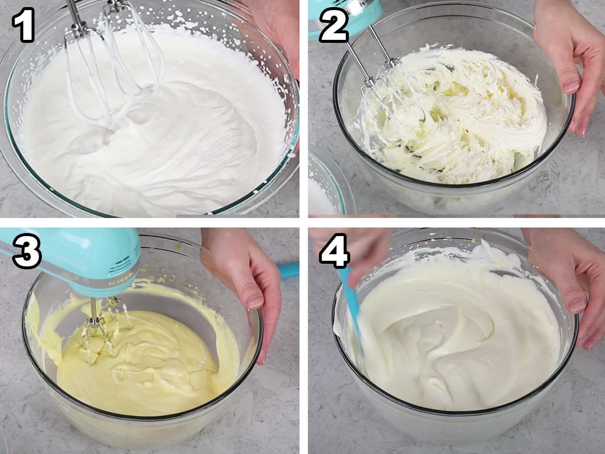making tiramisu cream layer: 1) whipping cream to soft peaks; 2) creamy mascarpone; 3) combining mascarpone and zabaglione; 4) folding in whipped cream