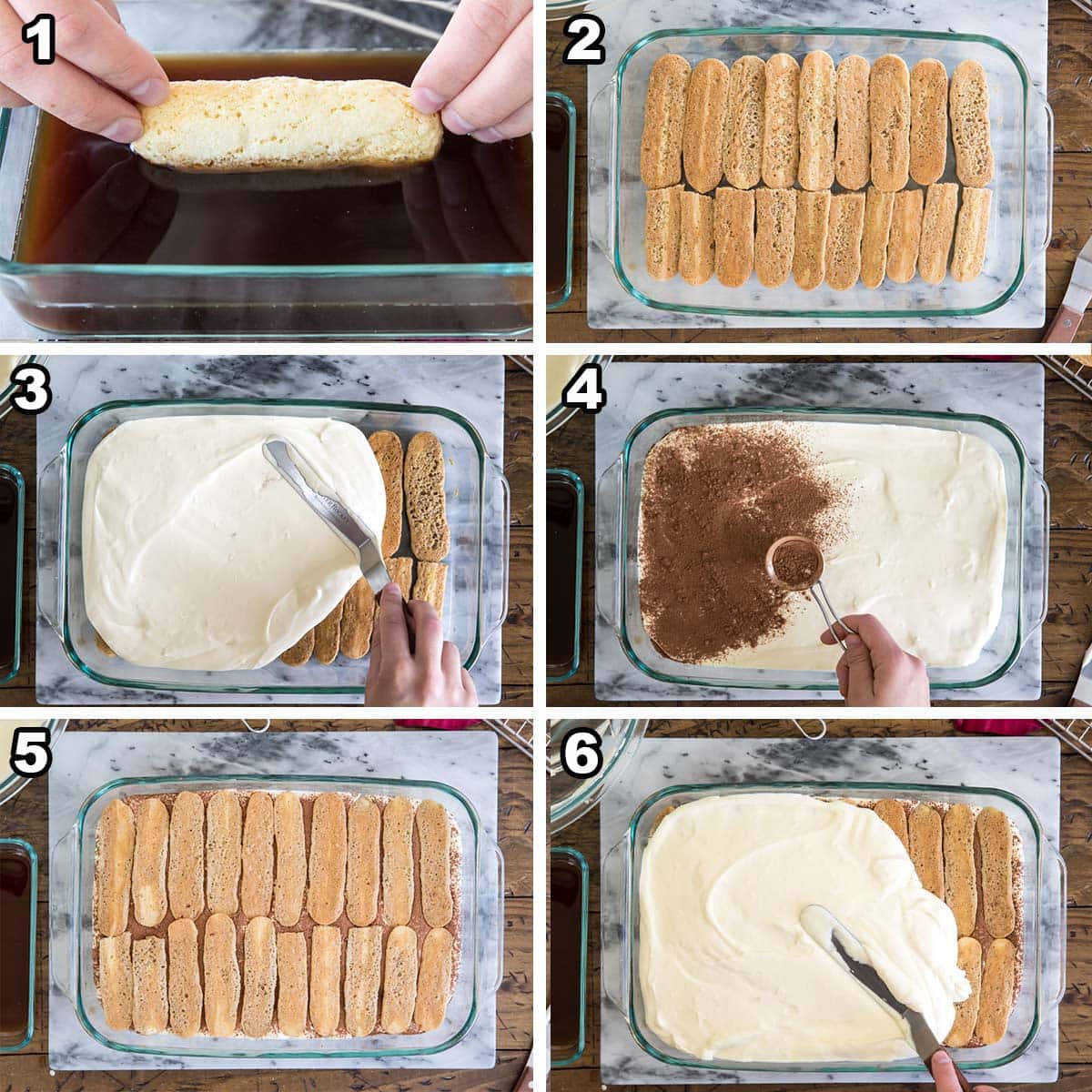 Assembling tiramisu: 1) dip ladyfingers; 2) layer ladyfingers; 3) spread cream 4) sift cocoa; 5) more ladyfingers; 6) more cream