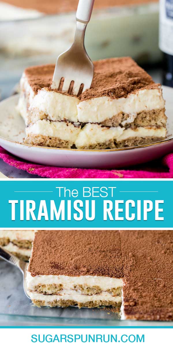collage of tiramisu, top image of slice on plate with fork in it, bottom image of it in baking dish