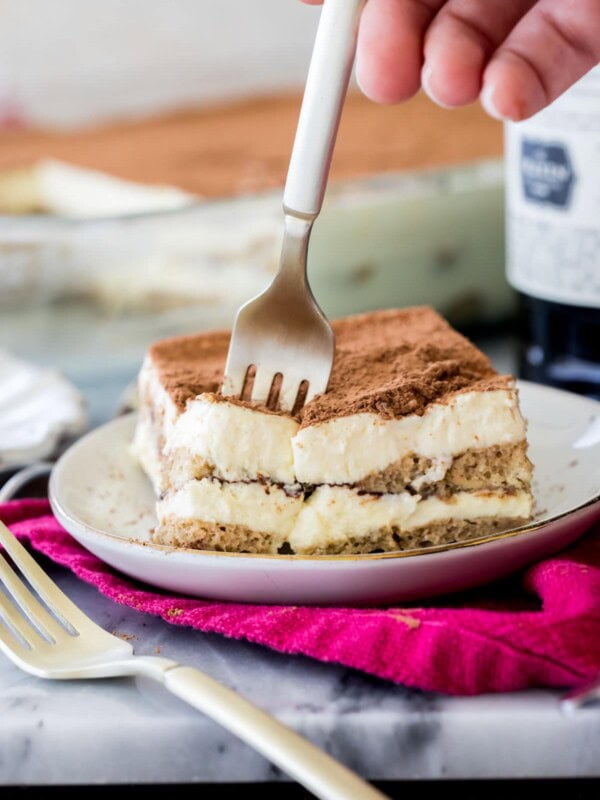 Tiramisu with fork inserted