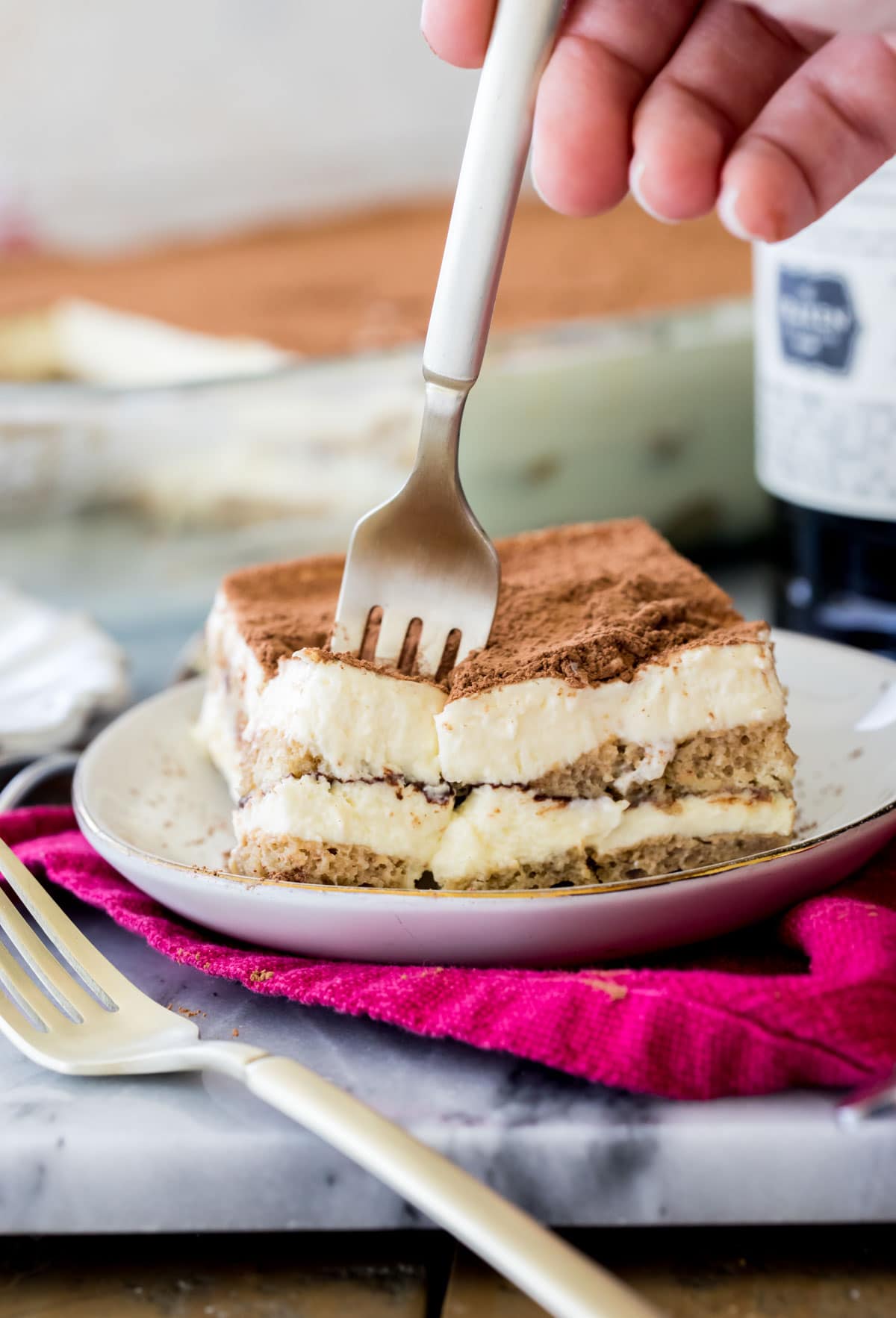 Tiramisu with fork inserted