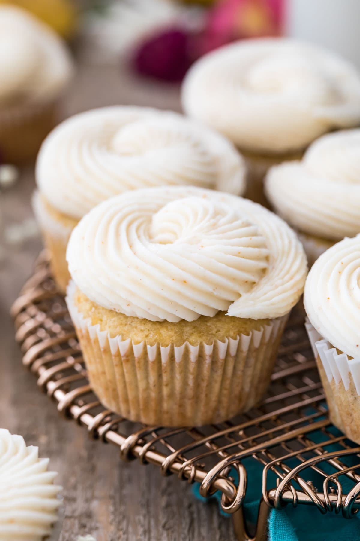 Tray of frosted banana cupcakes