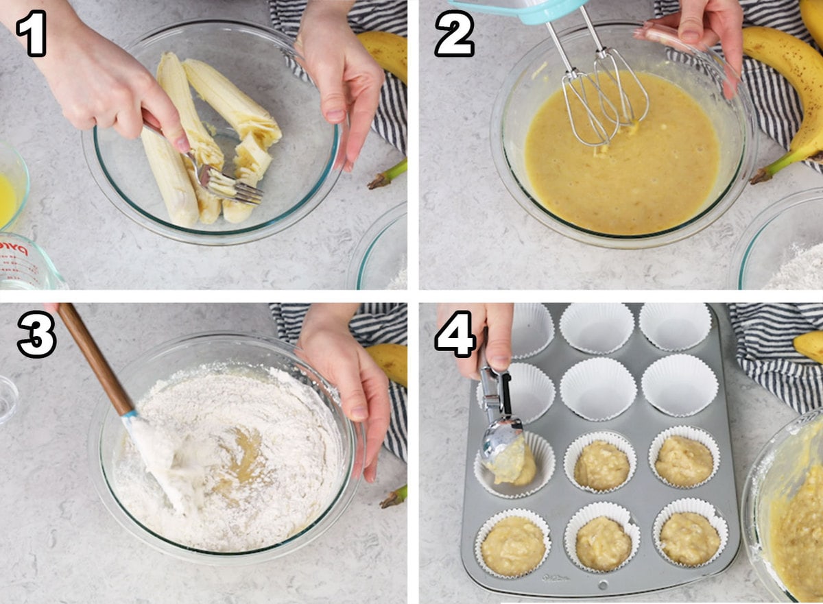 Mashing bananas, mixing the wet ingredients, adding the flour, and adding banana cupcake batter to the liners.