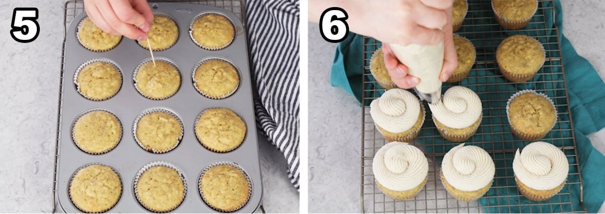 Finished banana cupcakes in pan, frosting finished cupcakes.