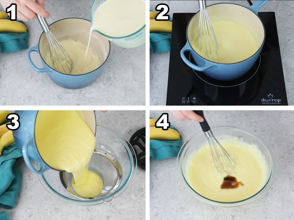 Whisking banana pudding, straining, and whisking in the vanilla extract.