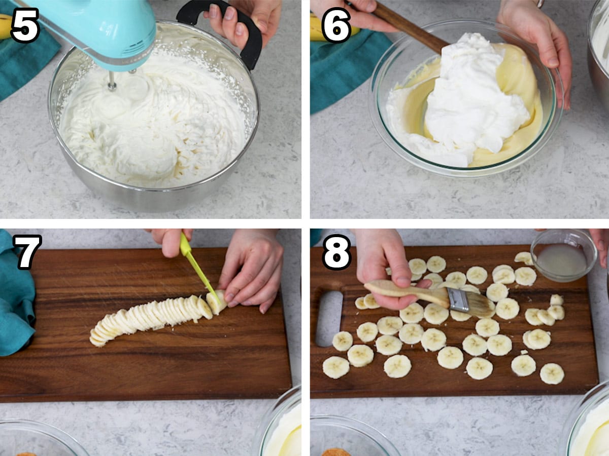 Mixing the whipped cream, folding the whipped cream into the pudding, slicing the bananas, and brushing the sliced bananas with lemon juice.