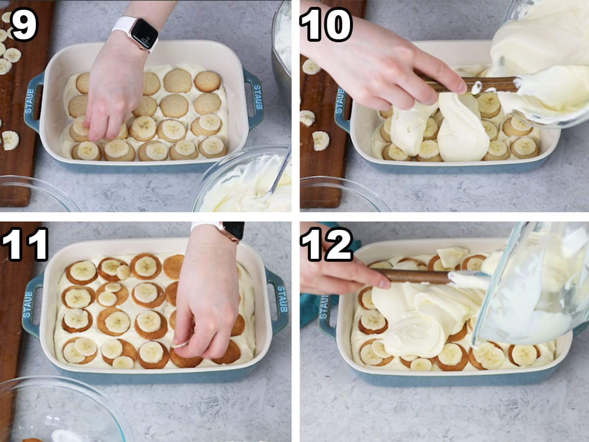 Layering the banana pudding with banana slices, vanilla wafers, and pudding.