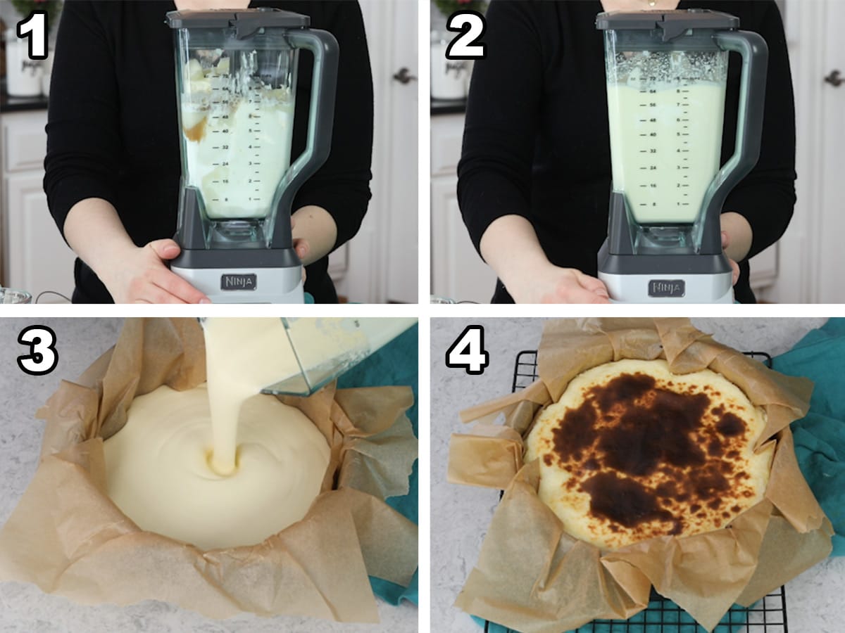 Steps to making basque cheesecake: 1) combine ingredients in blender 2) blend 3) pour into pan 4) cook until top is blackened