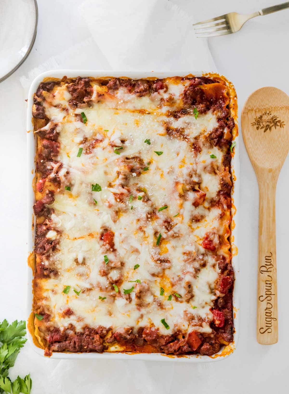 Overhead of finished lasagna in baking dish