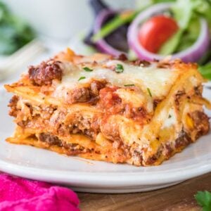 Closeup of finished lasagna showing the layers on a white plate