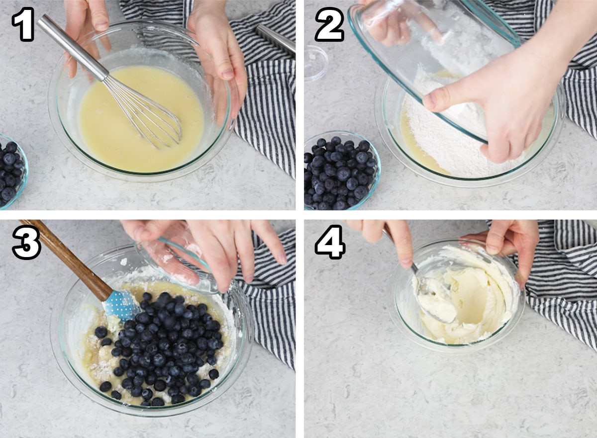 Making the batter for blueberry muffins, adding the blueberries, and preparing the cream cheese.
