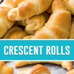 collage of crescent rolls, top image is a close up of crescent rolls in basket, bottom image is close up of single roll