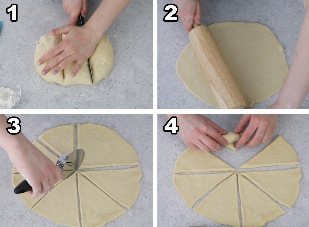 4 step collage showing how roll out the dough and how to cut it