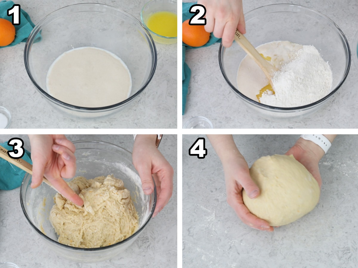 1) Proofed yeast, 2) Starting to mix after adding remaining ingredients/flour, 3) Tacky dough 4) Forming dough into ball after kneading