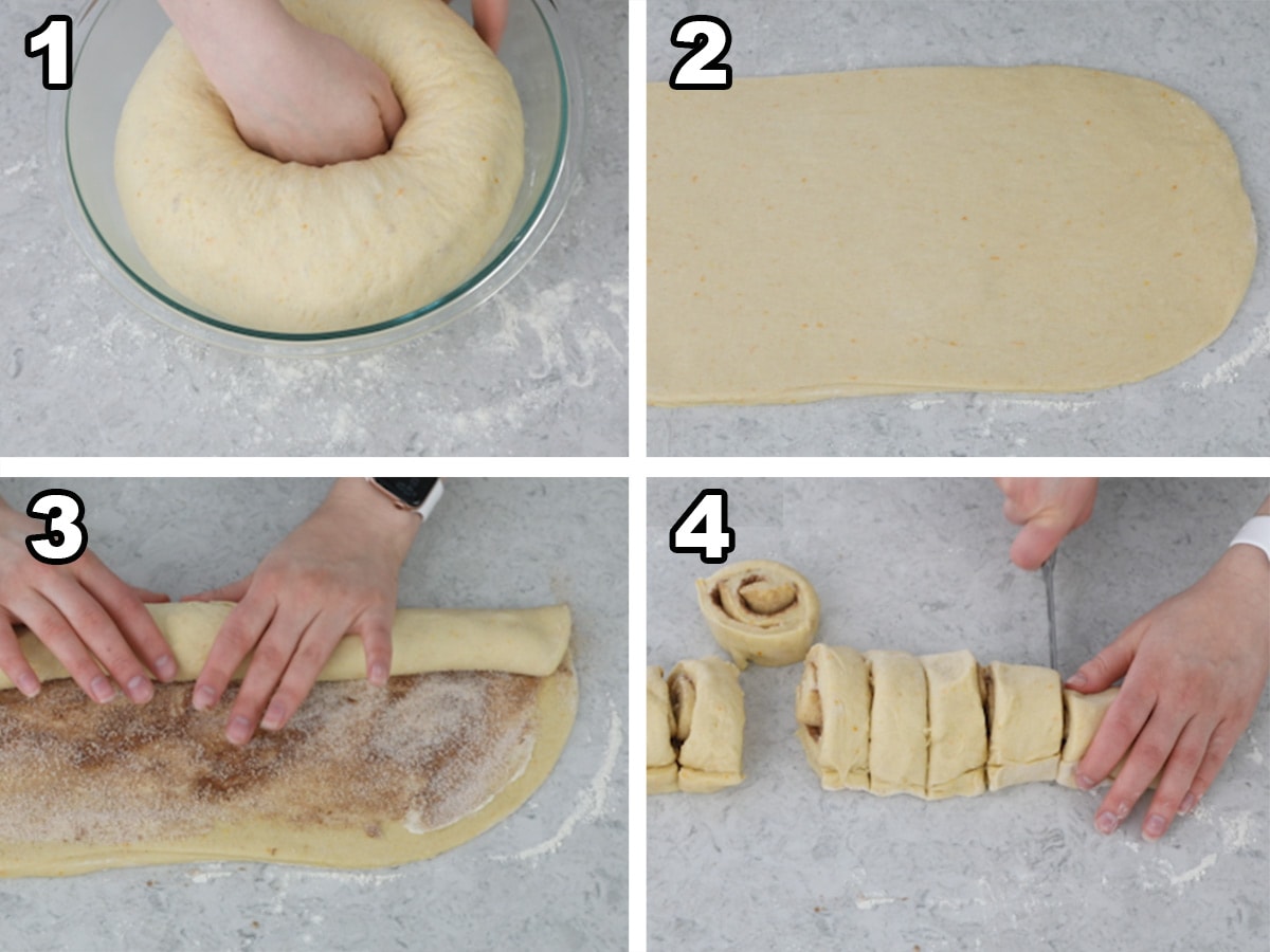 1) Punching dough, 2) Dough rolled into rectangle 3) Adding butter, cinnamon, and sugar and rolling dough 4) Cutting rolled dough into pieces