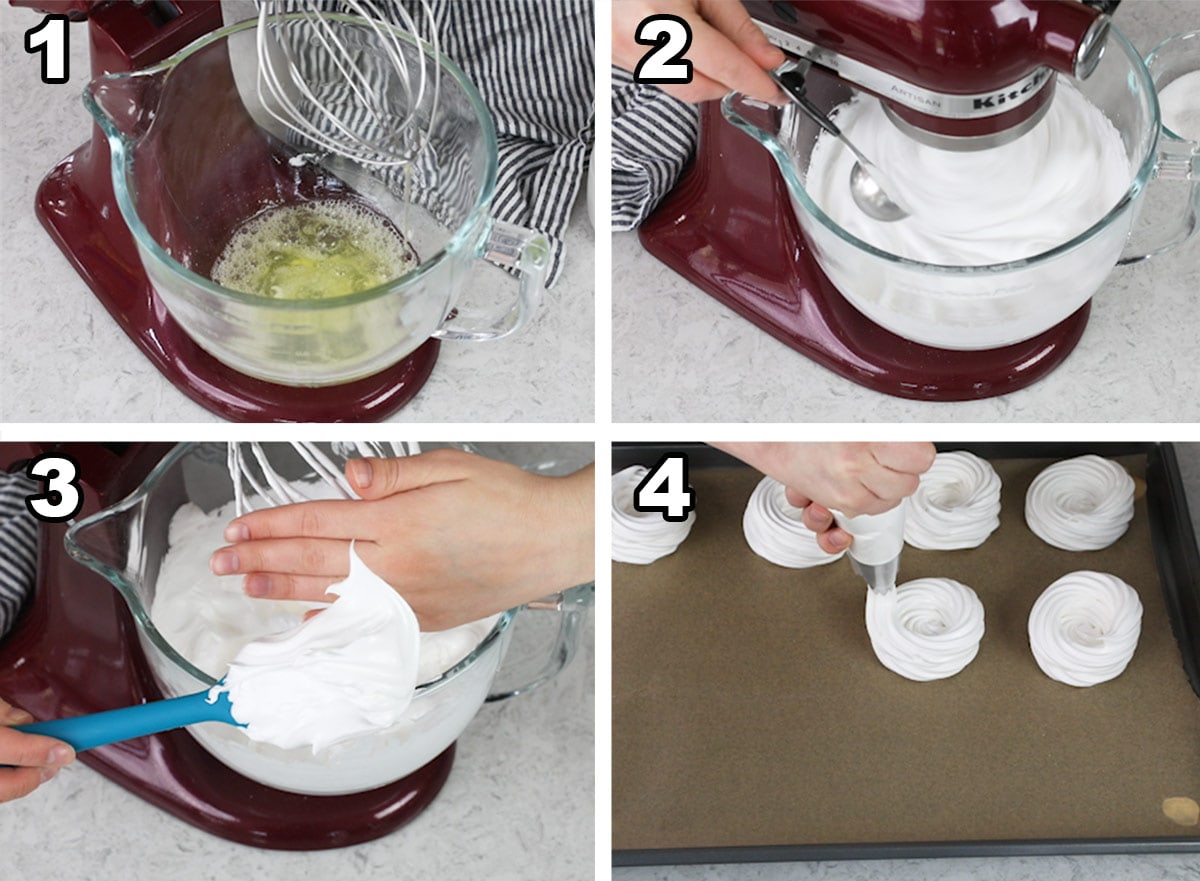 Addint the egg whites to the bowl, whipping the egg white, piping the mini pavlovas onto the prepared baking sheet.