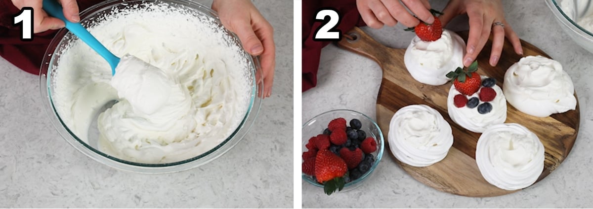 Preparing the whipped cream and assembling the mini pavlovas with whipped cream and fruit.