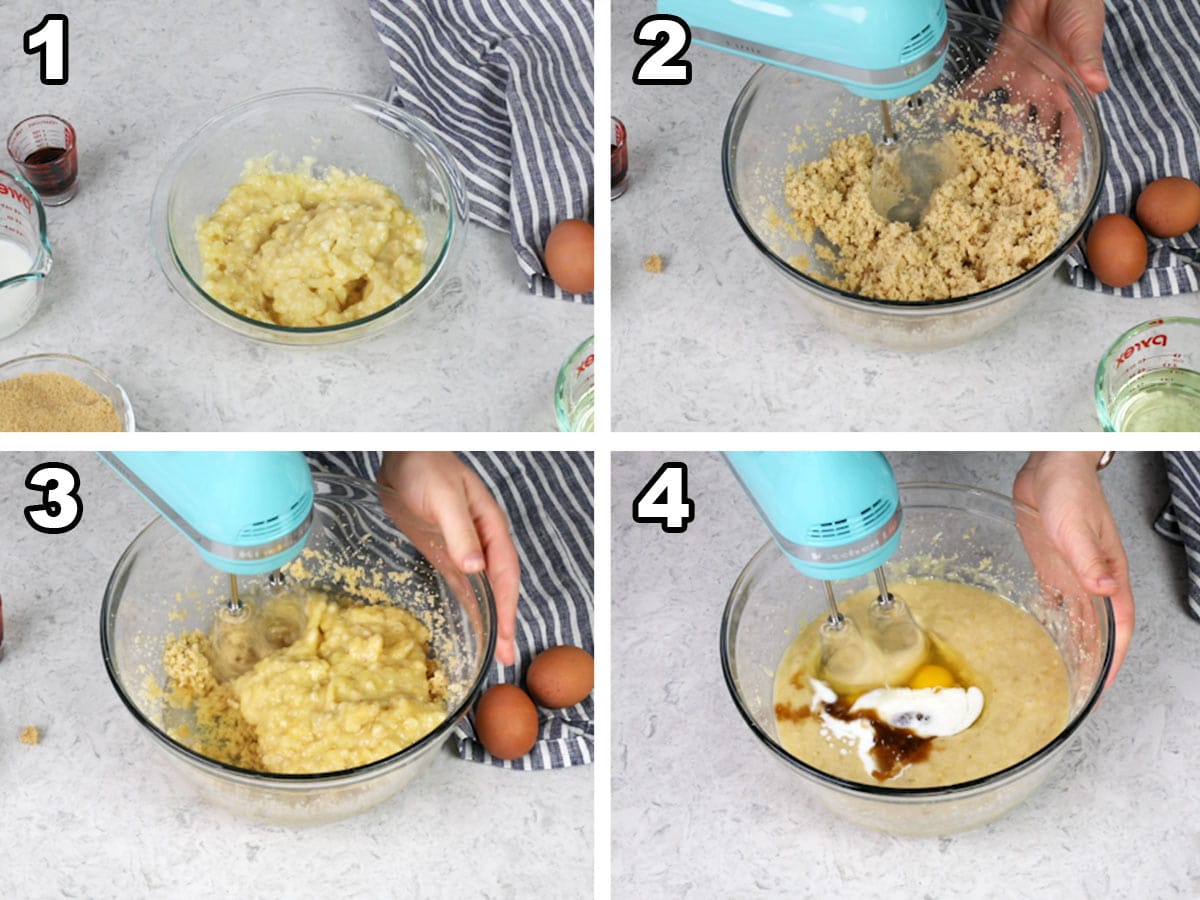 Mashing the bananas, mixing the bananas and sugar, beating the mixture, adding the eggs and vanilla.