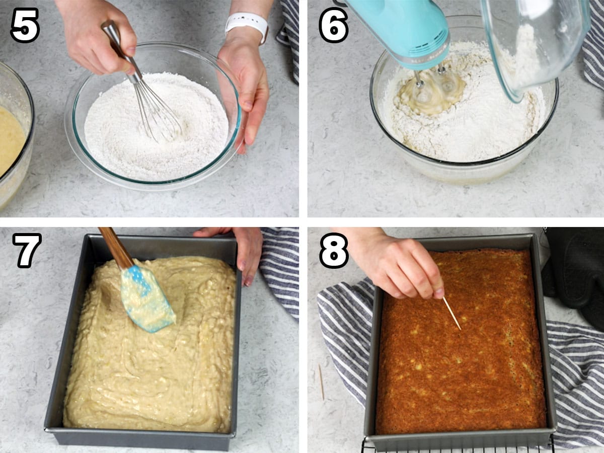 Whisking the flour, adding the flour to the wet ingredients, spreading the batter in the pan, and checking for doneness of the cake.