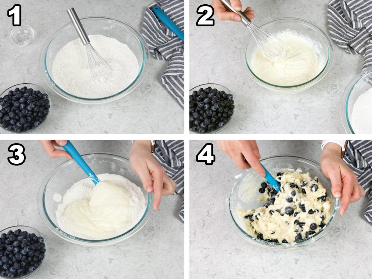 Mixing dry ingredients, adding wet ingredients, and mixing in the blueberries
