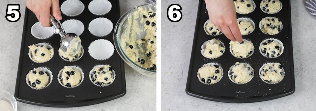Portioning the batter into the muffin tin and sprinkling the tops with sugar