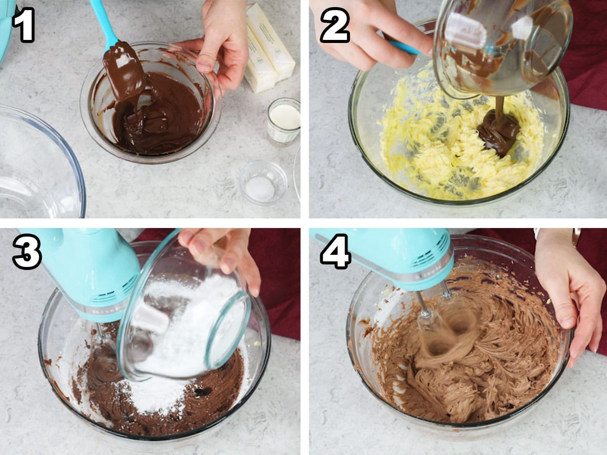 Melting the chocolate, adding the melted chocolate to the butter, adding the powdered sugar, and beating the entire mixture together.