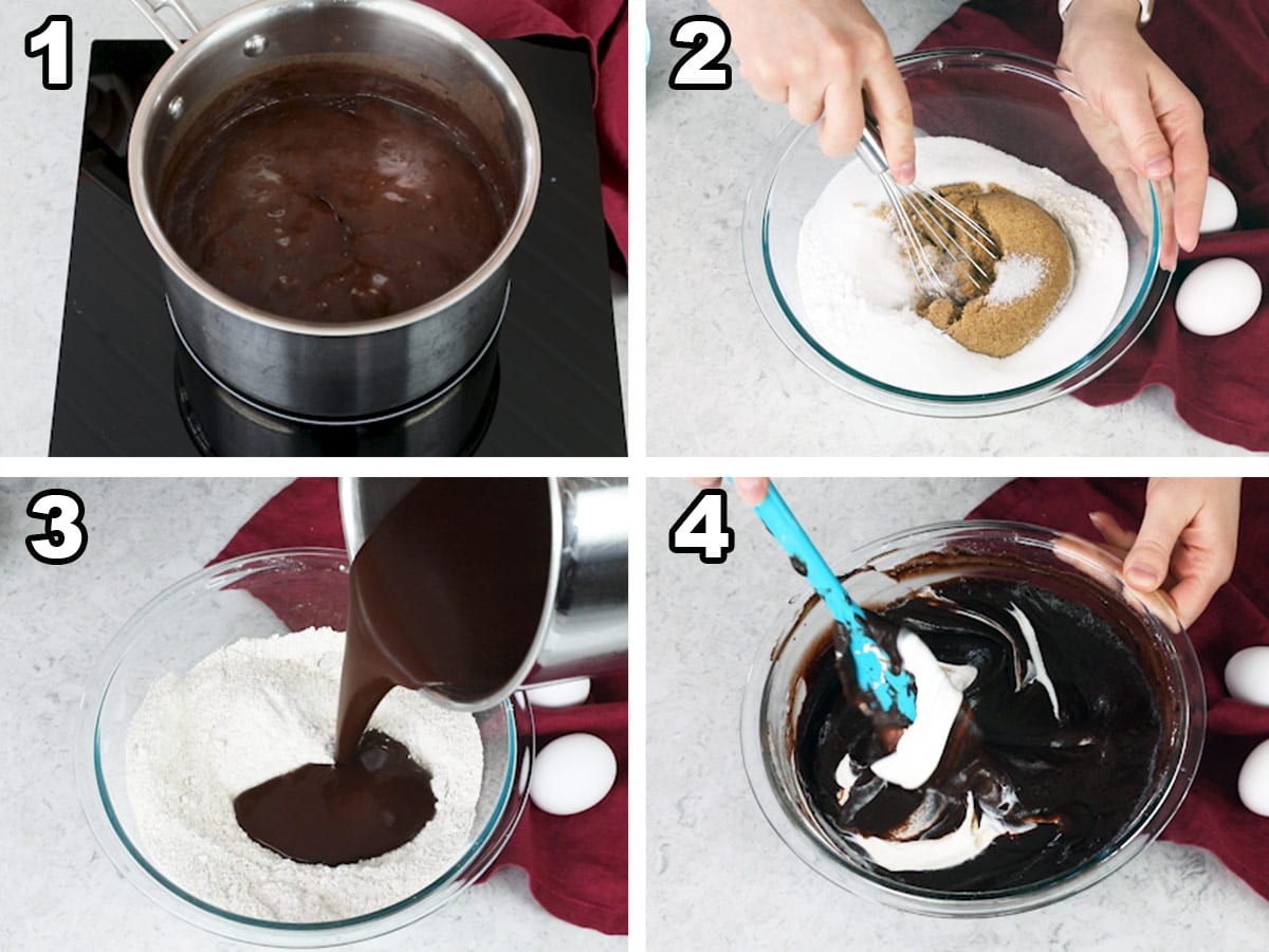 Melting the chocolate, stir the sugars and flour, adding the melted chocolate, and mixing.