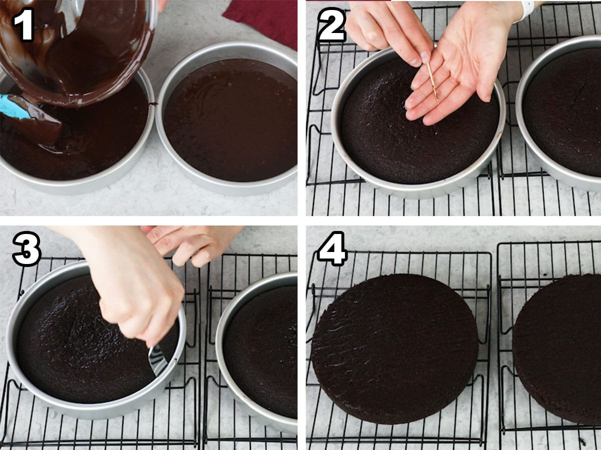 Pouring the batter into pans, checking for doneness, loosening with a knife, finished cakes.