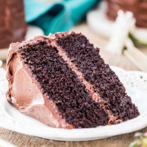 Devil's food cake on a white plate