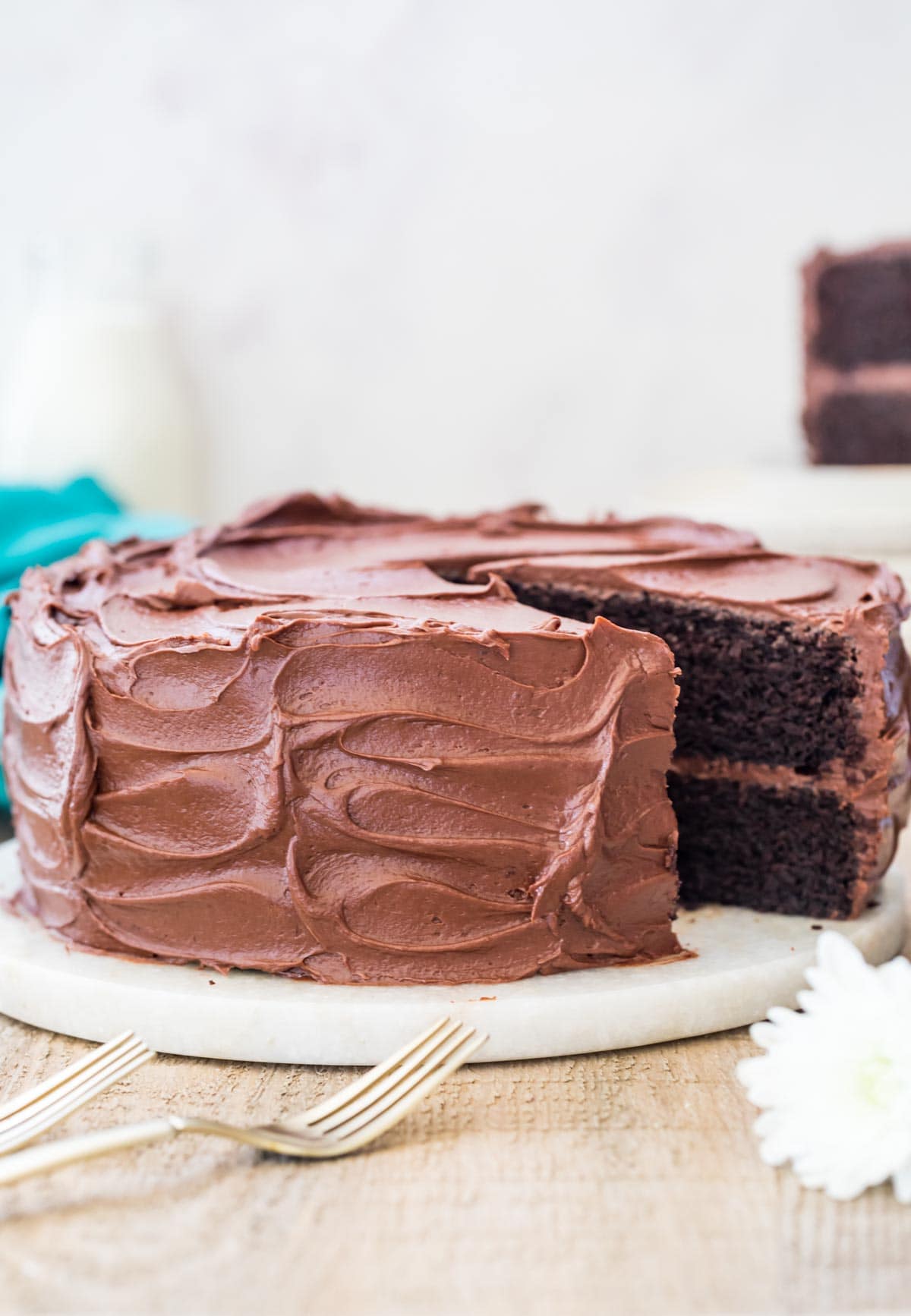 Devil's food cake with a slice taken out