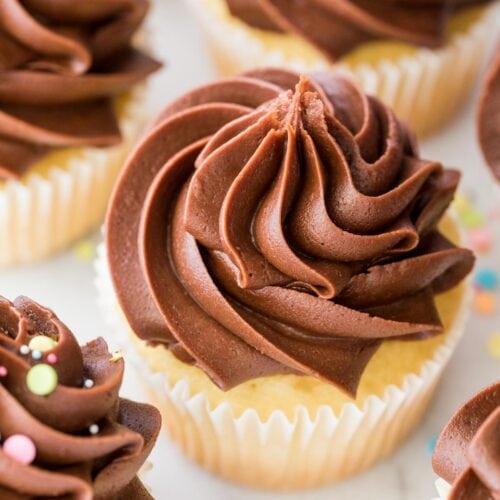 Closeup of chocolate fudge frosting on a cupcake